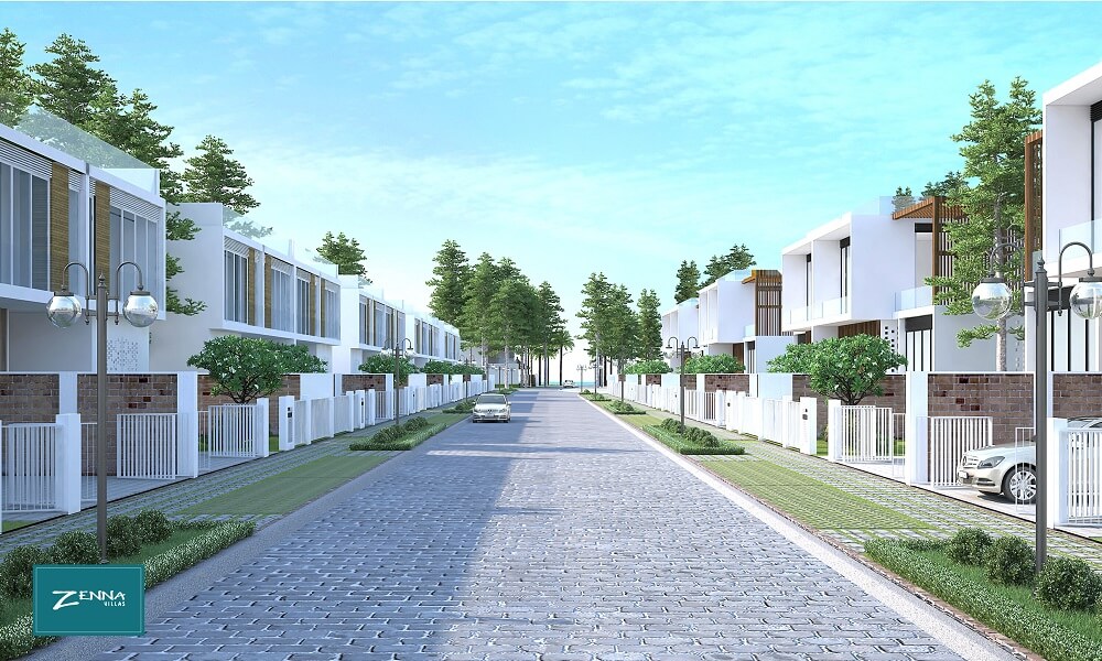 Phối cảnh đường nội khu cao cấp đan xen cây xanh tại khu biệt thự zenna villas