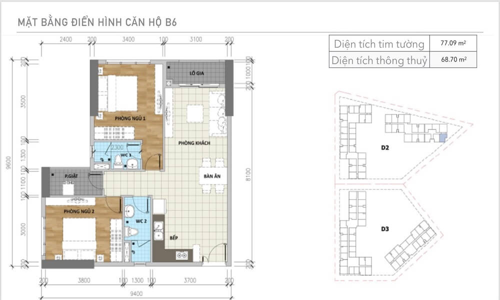 Mặt bằng thiết kế căn hộ Aio City Tên Lửa 2 phòng ngủ