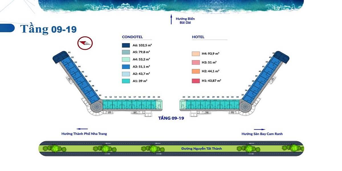 Mặt bằng tầng 9-19 dự án căn hộ condotel Somerset Cam Ranh Bay