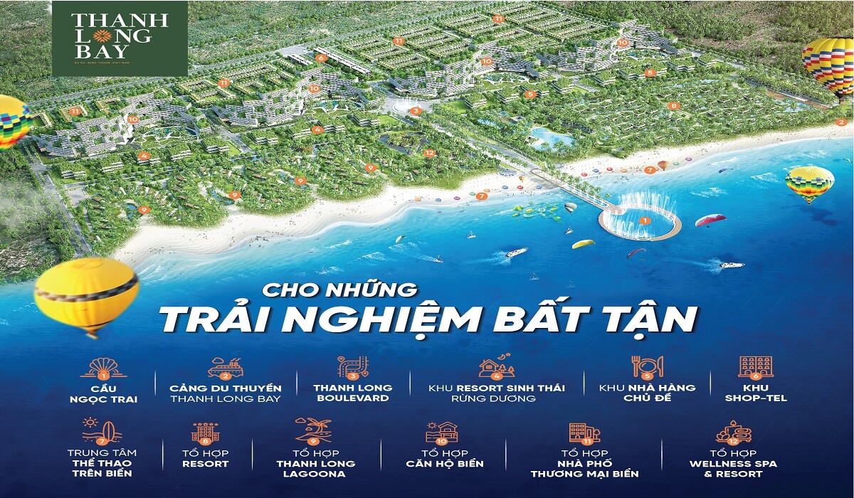 Dự án Thanh Long Bay là nơi quy tụ 12 phân khu tổ hợp du lịch, giải trí, nghỉ dưỡng và thể thao biển đẳng cấp quốc tế